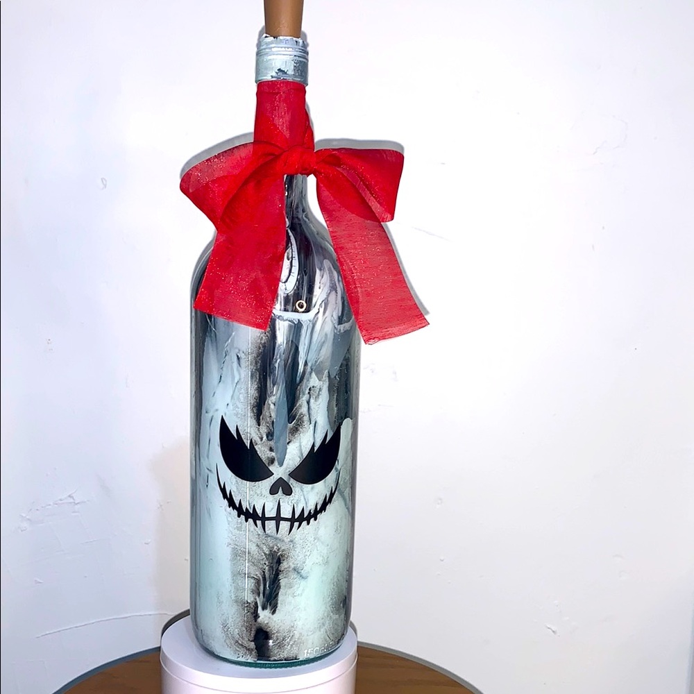 Hand Crafted Evil Face black and white Acrylic Pour Wine Bottle Lantern